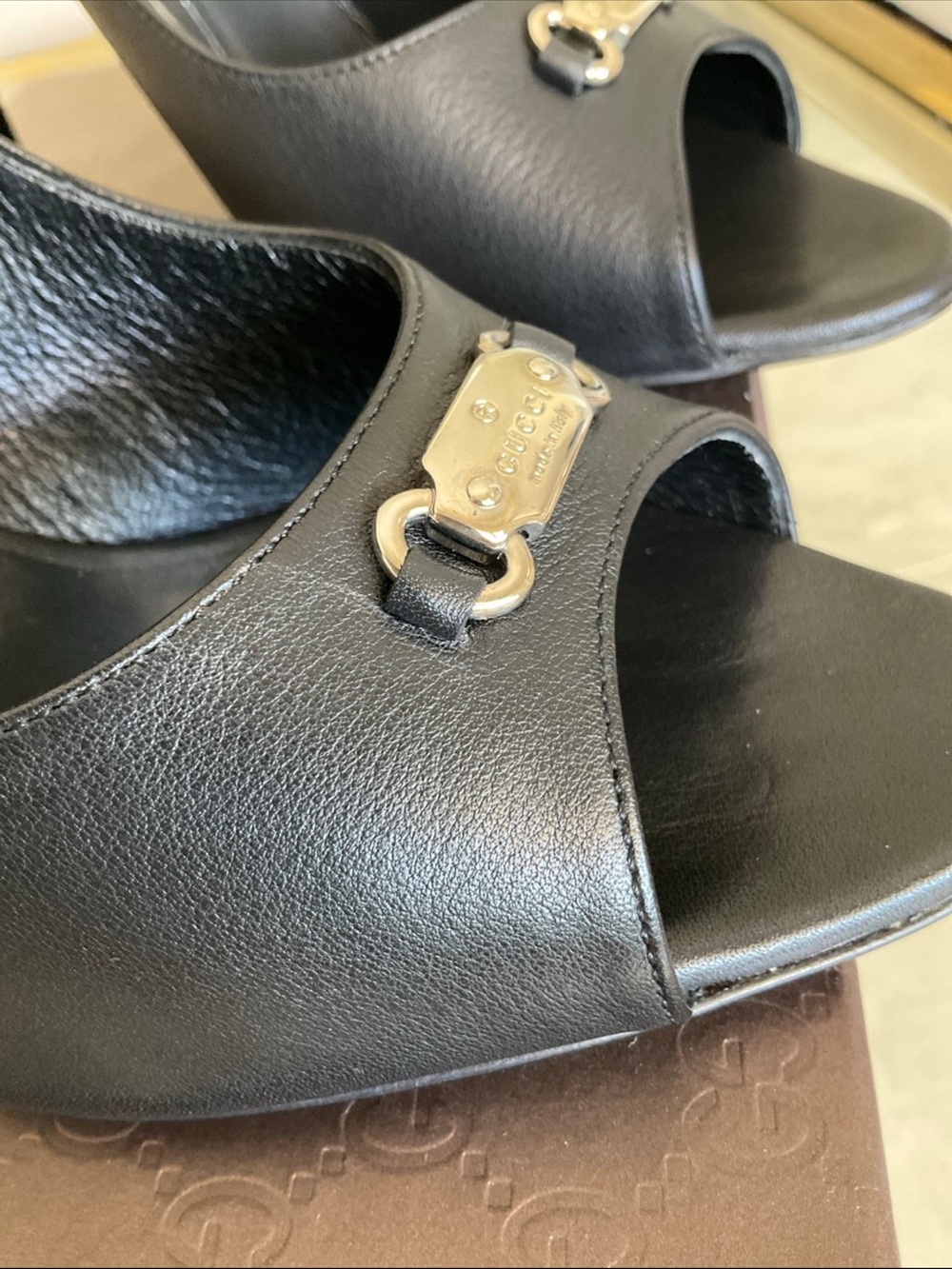 Gucci black Nero silver logo plaque peep toe heels, 38.5, NIB! - Picture 9 of 11
